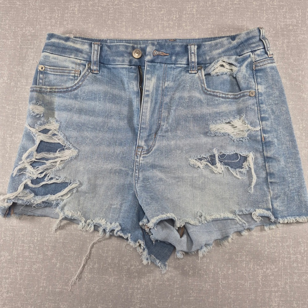 American Eagle Curvy Hi-Rise Shortie Distressed Denim Shorts Light Wash Size 8